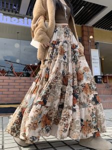 Mid Long Skirts Womens Floral Skirt Spring Autumn Korean Goth Lolita High Waist Ruffle Pleated Maxi Skirts Rok
