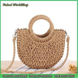 Womens Summer Woven Shoulder Bag in Semicircle Style Compact Crossbody for Beach and Travel