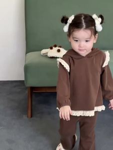 Girls Hooded Sweatshirt Set Spring Baby Girl Clothes Korean Style Childrens Clothing 2026 Spring childrens lace two-piece set