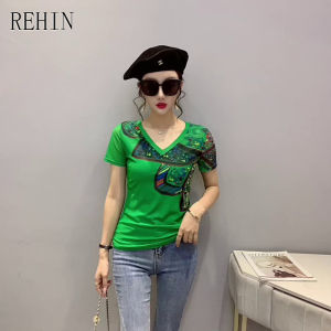 REHIN Womens top Summer fashion mesh floral print short-sleeved T-shirt V-neck slim and thin elegant blouse