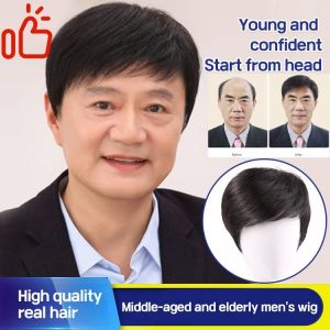 Mens Business Natural Realistic Full Head Wig Middle-Aged Elderly Real Human Hair Natural Young Mens Short Hair Wigs Hand-Woven Real Human Hair Handsome Fluffy 自然逼真男士假发