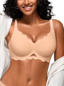Womens Seamless Wire-free Bra with Deep V-neck Wavy Design Soft and Supportive Jelly-like Texture Full Cup Bra Plus Up2026