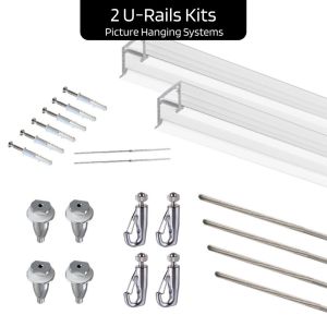 JUNMORE Complete Kit Ceiling mounted Aluminum Art picture Hanging systems Gallery Picture Hangers (Two 90cm long U Rails 4 Hooks and 4 Cables)