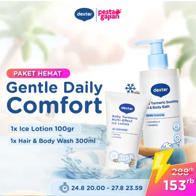 DEXTER Baby [2 PCS] Gentle Daily Comfort Bundle Ice Lotion 100gr & Hair Body Bath 300ml | dengan 5X Ceramide & Calendula | Melembabkan Kulit Bayi dengan Sensasi Dingin dan Sejuk | Sabun & Shampoo Bayi Anak Tanpa SLS & Alkohol