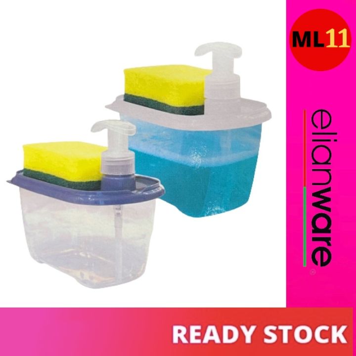 ELIANWARE Soap Dispenser box with Sponge 2 in 1 Kitchen Dishwasher Pump Dispenser Press Bekas Sabun Cuci Pinggan E-1102