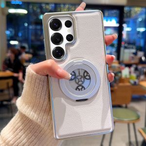 Luxury Leather Face Visible Gear 360° Rotation Magnetic Ring Bracket Electroplated Hard Case For Samsung Galaxy S25 Utlra S25+ S24 Plus S25 S24 Ultra Phone Cover Casing