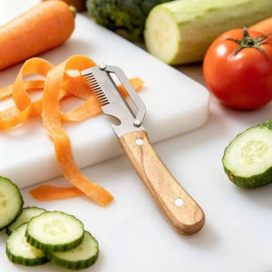 Dao Nạo Rau Củ Quả bằng gỗ tiện dụng Dao gọt vỏ trái cây rau củ 3 trong 1 bằng thép không gỉ có tay cầm bằng gỗ Bao gồm dụng cụ mở chai – Nhà bếp nhanh chóng và dễ dàng cho khoai tây