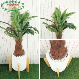 Pohon Monstera Latex & Pohon Palem Botol Standing Kayu Kaki 4 Pot Semen Hitam Putih Pajangan Apartement
