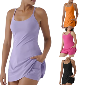 Spaghetti Strap Workout Tennis Dress Builts In Shorts Moisture Wicking For Running Yoga Gym Women Athletic Activewear