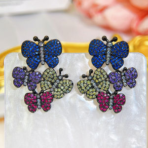 Sequito Tuyệt Đẹp trang sức nữ mạ vàng màu đen Micro Pave Nhiều Màu Aaaaa đá Cubic Zirconia Chất Lượng Cao Bướm Prom Bông tai thả Se925