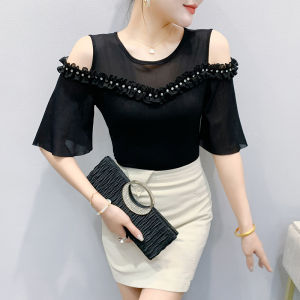 Yimei áo thun thời trang hở vai lưới kim cương móng công nghiệp nặng Mới Mùa Hè 2025 Áo nữ khiêu vũ năm tay mỏng gợi cảm và đa năng