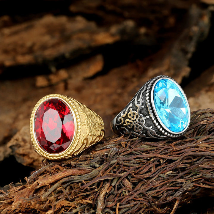 Punk Men Silver Gold Pattern Carve Titanium Steel Ruby Sapphire Red Blue  Stone Finger Rings Fashion Jewelry Lazada PH