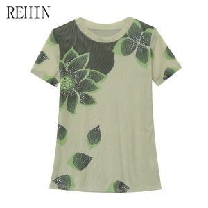 REHIN Summer Fashion Floral Printing Short Sleeve T-shirt Round Neck Slim Fit Mesh Women Blouse