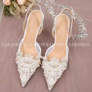 Wedding high heels selop wanita motif brukat depan di hiasi dengan payet mutiara cantik