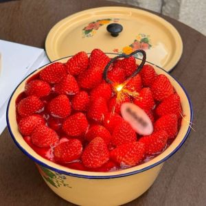 ANHEY Vintage Enamel Bowls with Lid Yellow Strawberry Cake Basin Salad Serving Pot Random Pattern Soup Container Noodle