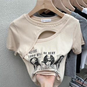 SSeE U Women Korean Print Hollow Out Casual Slim Exposed Navel Short Sleeve Pullover Tshirt Tops