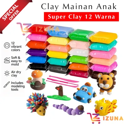 Paket Clay Lengkap | 12 Warna Air Dry Clay + Peralatan Bentuk | Set Clay Edukatif | 12 Warna Cocok untuk Anak & Kerajinan Tangan | Clay Polymer 12 Warna | Super Clay Mainan Edukasi Anak