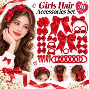 WILLUCK 30Pcs/Set Độ co giãn cao Bộ nơ cài tóc Nơ Không gây hại cho tóc Bộ phụ kiện tóc cho bé gái. Quà tặng Vải mềm mại Băng đô cài tóc cho bé gái. Các bé gái