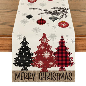 Red Pine Trees Merry Christmas Table Runner Winter Xmas Holiday Kitchen Dining Table Decoration for Home Party Decor 13x72 Inch