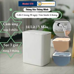 Thùng Rác Cảm Ứng Tự Động Thông Minh Pin Sạc Cổng USB Bản Nâng Cấp 2022 Cảm Ứng Kép 3 Chiều Dung tích 14L Chống Nước Tốt