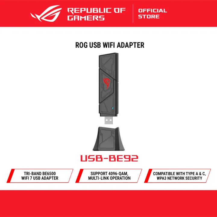 ASUS ROG USB-BE92 Tri-band BE6500 WiFi 7 USB Adapter, 6GHz band, support 4096-QAM, Multi-link operation (MLO), Compatible with Type A and C, WPA3 network