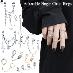 【small chrysanthemum】Korean Ins Ring Punk Cool Hip Pop Butterfly Chain Rings for Women Multiple Connected Chain Link Open Finger Rings set Party Gift Jewelry