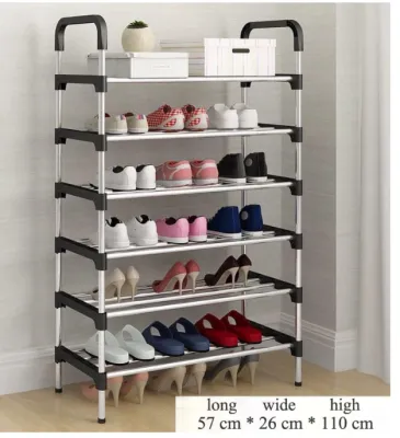S9 6 Layer Shoe Rack Stainless Steel Stackable Shoes Organizer Storage Stand(black