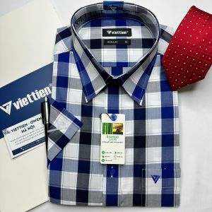 Áo sơ mi cộc tay Việt Tiến kẻ ô 1S6033 - Regular vạt ngang