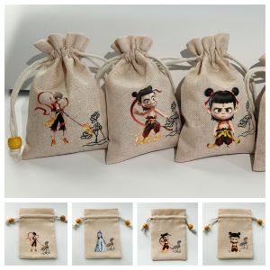 JORYA 10pcs Cartoon Anime Ne Zha 2 Drawstring Pouch Cute Kawaii Nezha Aobing Sachet Multifunctional Funny Ne Zha Storage Pouch Data Cable Storage