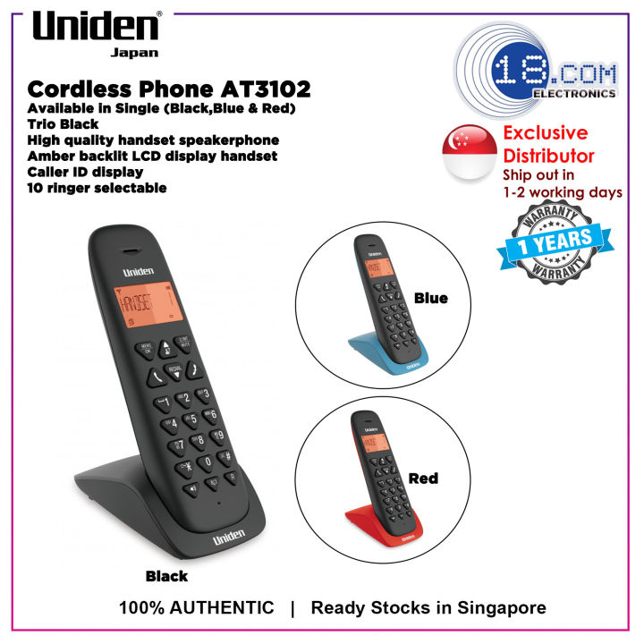 Uniden AT3102 Cordless Phone Single Black, Red and Blue Trio
