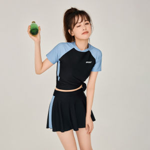 『SPRAY』ready stock Swimming suit for women New 2024  wear  beach wear for women  swimming suit dress  2 piece swimsuit women  泳衣女装Schoolgirl high-waisted blue conservative Covering belly swimsuit  swimsuit for women  大码泳衣女装 swimsuit for women