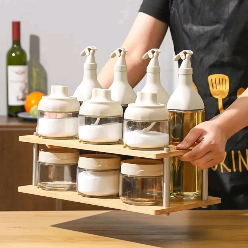 Household Glass Oil Bottle Seasoning Bottle Set with Wooden Rack