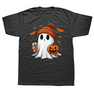 Cute Ghost Drinking Ice Coffee Halloween Pumpkin T-Shirt Short Sleeve Humor Streetwear Tee Loose Fit Clothing for Men And Women