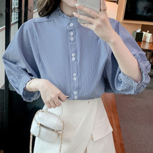 AMMIN  summer new pleated ruffled round neck retro french blue and white plaid design three quarter sleeves elegant blouse womens korean style small stand collar lantern sleeve chiffon shirt female ins tops