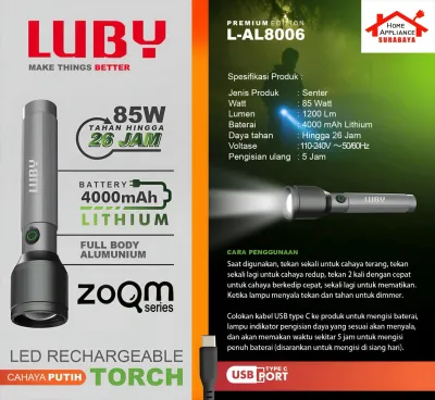 LUBY Senter Tangan Cas LED ZOOM 85W 1200 Lumen 4000mAh L-AL8006 Cahaya Putih Tahan 26 Jam - LED Rechargeable Torch