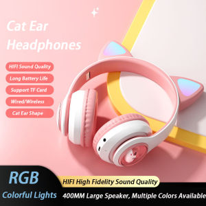 VAORLO หูฟังบลูทูธไร้สายหูฟังไร้สายของแท้หูฟังสเตอริโอบลูธูทเด็กเล็กเด็กผู้หญิงแมวพร้อมไมโครโฟนมีสาย/ไร้สายสองโหมดสเตอริโอเพลงเล่นเกมหูฟังแบบมีไฟควบคุม