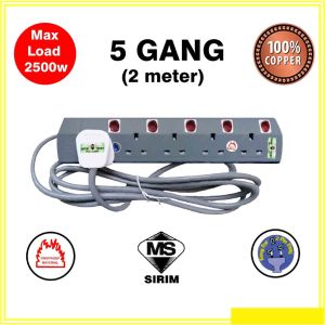 [SIRIM] ✅100% Full Copper Wire 2/3/4/5 Gang Portable Extension Trailing Socket (2 Meter) (5 Meter) [Easy for 2 Pin Plug]
