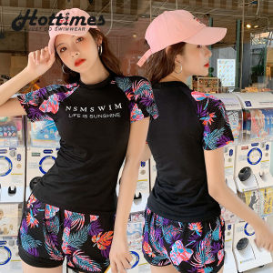 swimsuit outfit for women Conservative Two-Piece Swimwear Floral Long Sleeve Terno with Shorts Top & Skirt small size