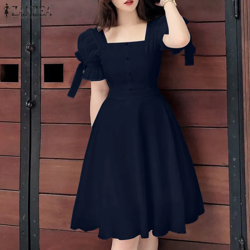 ZANZEA Women Elegant Square Neck Short Sleeve Dresses Solid Color