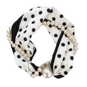 Silk Satins Polkas Dot Floral Scarf with Magnetic Buckle Pearls Chain Necklace Choker Scarves Neckerchief for Ladies