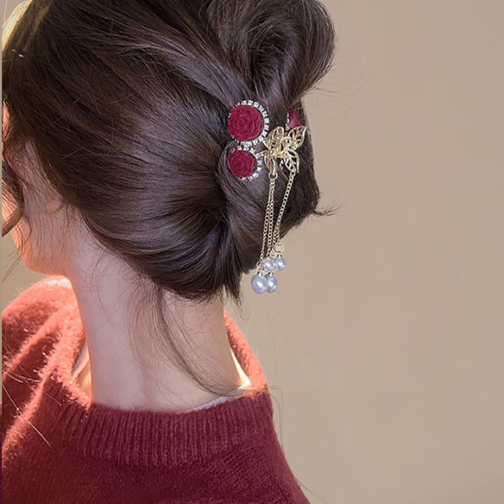 Chinese Style Red Flocked Rose Hair Clip Exquisite Cherry Tassel