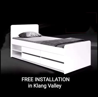 Q 10 - Wooden Single Bed Frame With Drawers / White Wooden Single Bed Frame With Drawers / Wooden Single Bed Frame With Storage Organizers / Katil Kayu (TED)