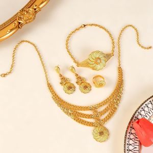 24K Gold Bridal Wedding Jewelry Set Necklace Ring Earrings Accessories Set Four-Piece Set