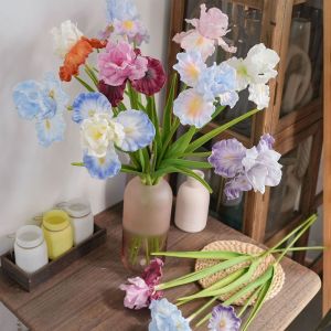 MAJESTICX Multicolor Artificial Iris Flower Green Leaves Soft Petals Fleur-de-lis Simulation Flower Creative Floral Arrangement Faux Flower Home Decoration