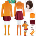 Movie Scoob! Velma Dinkley Cosplay Costume Scooby Doo Velma Dress Skirt Socks Glasses Outfit Velma Short Hair Wig Halloween Carnival Uniform Dress. 