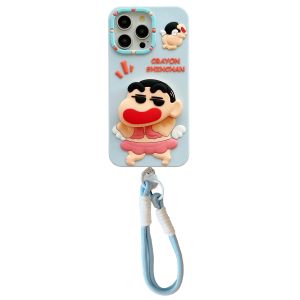 【Hot】Liquid Silicone Phone Case Innovative Telescopic Stand Angel Crayon Shinchan Shape with Lanyard For iPhone 11 12 13 14 15 16 Series