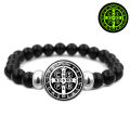Holy Light Saint Benedict Medal Bless Luminous Bracelet Versatile Black Elastic Beaded Glow Catholic CSPB Bracelet （CRUX S PATRIS BENEDICTI）. 
