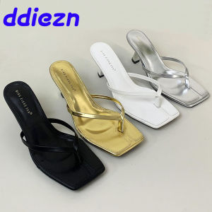 Golden Ladies Thin Heels Pumps Slides Shoes Female Slip On Footwear Luxury Fashion Shallow Women Medium Heels Shoes Flip flops