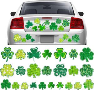 24Pcs St. Patricks Day Reflective Car Magnets Green Shamrock Magnetic Clover Garage Magnet Decals for Irish Holiday Decor (Not for Aluminum Alloy Vehicle)