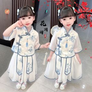Setelan Anak Perempuan Cheonsam Motif Biru Putih Free Accesoris Jepit & Tatto
